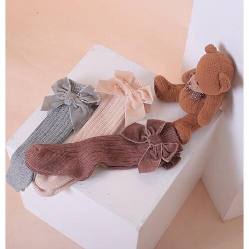 Newborn Baby Girl Knee High Socks With Big Velvet Bow Toddler Autumn Winter Warm Rib Knitted Stockings For Infants Children