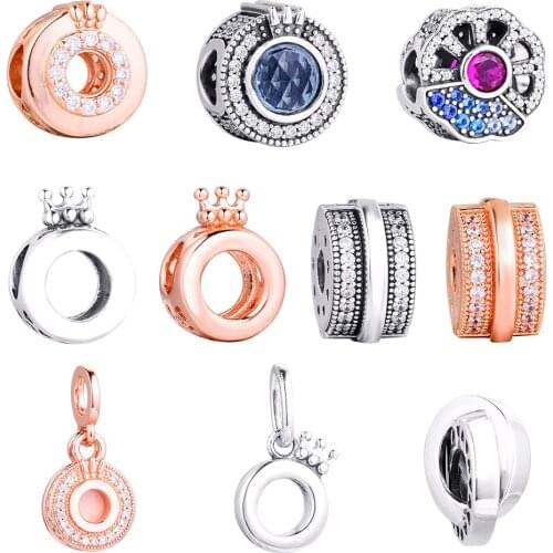 GPY Blue Fan Pave Crown O Charms 925 Original Fit Pandora Bracelet Sterling Silver Beads for Jewelry Making DIY Berloque