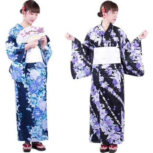 Japanese Style Cosplay for Women Kimono Floral Cherry Long Sleeve Cotton Long Robes Traditional Japan Fashion Yukata Dress