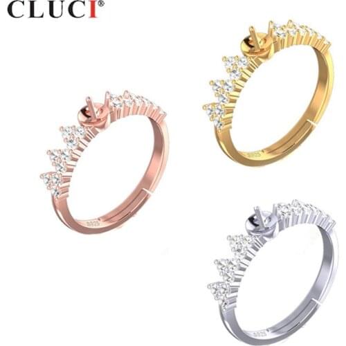 CLUCI Silver 925 Zircon Crown Pearl Ring Mounting for Women Wedding 925 Sterling Silver Adjustable Crown Rings Jewelry SR2221SB