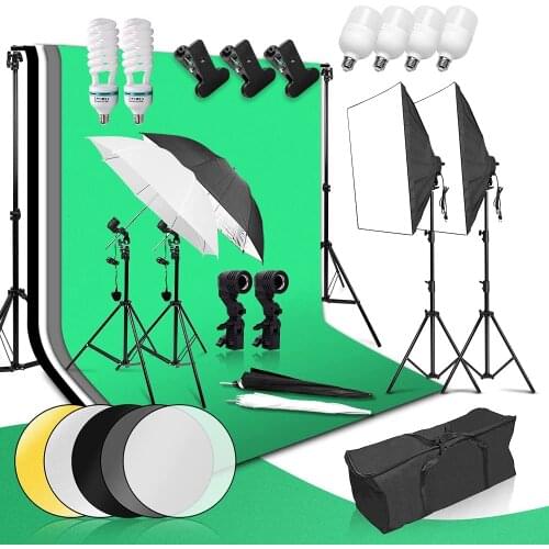 Photography Photo Studio Softbox Lighting Kit 2*3m Backdrop Support 135W Bulb Green Background Tripod Stand Reflector Umbrella
