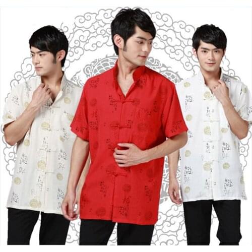 Summer printed top daily casual retro men short-sleeved shirt cotton linen teahouse work costume plus size men Tang suit shirt