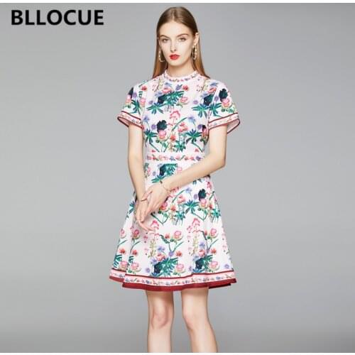 BLLOCUE Fashion Designer Sweet Pink Runway Dresses Womens Stand Short Sleeve Flower Print Dresses Female Office mini Dress