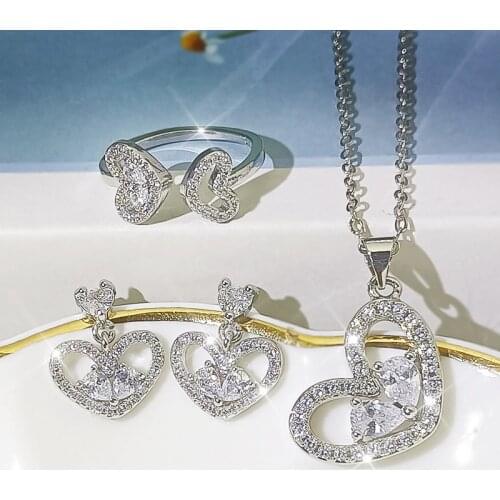 Fashion Earrings Trend 925 Sterling Silver Bling Cubic Zirconia Necklace Love Hearts Jewelry Set for Women Ring Fashion Jewelry