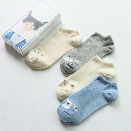 Fashion Gift Box Women Socks Spring Summer Cute Cartoon Sox The Bear Animal Girls Cotton Low Cut Ankle Socks