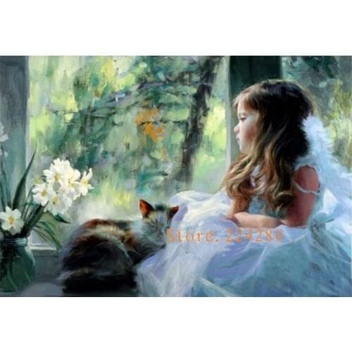 Needlework,Cartoon child ,Cute Girl and Cat,14ct Counted,Handmade DIY Aida,Cross-stitch kits,Sets for Embroidery Art Home Decor