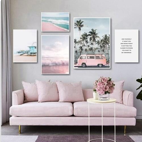Ocean Landscape Scandinavian Poster Pink Bus Beach Nordic Style Canvas Wall Art Print Painting Decorative Pictures Home Decor