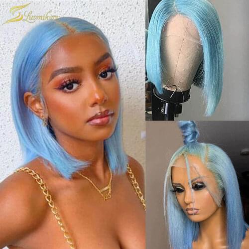 Blue Colored Bob Wig Short Straight Lace Front Wig Full Cut Human Hair HD Lace Frontal Wig Transparent 613 Blonde Pre Plucked