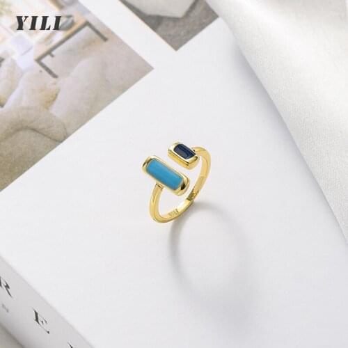 Simple Geometric Square Gold Open Ring Gothic Retro Blue Drop Glaze Gem Openings Rings for Student Girls Unusual Rings Jewelry
