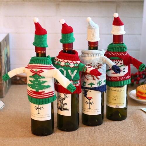 Merry Christmas red wine bottle clothes and hat Xmas knit bottle cover Christmas elk bottle set creative sweater wine set AA067