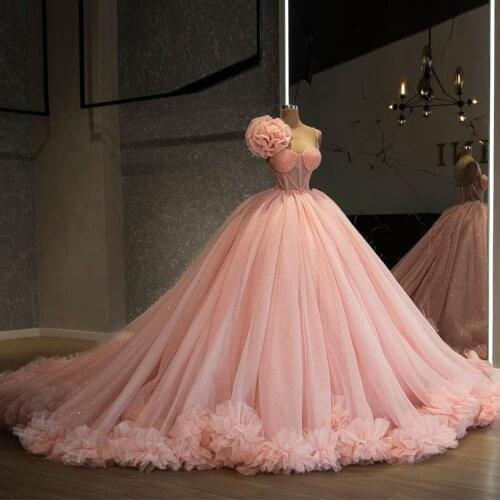 Pink Elegant Exquisite Evening Dress Spaghetti Strap Floor Length Tulle Ruffle Ball Gown Female Arabic Prom Dress Custom Made