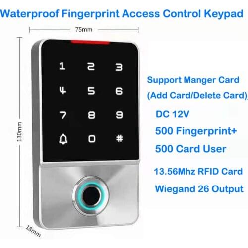 Waterproof IP67 Metal Standalone Access Control 13.56Mhz 500 RFID Card 500 Fingerprint User Access Control System WIegand 26 Out
