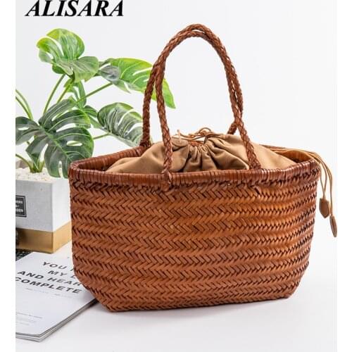 Handwoven rattan tote bag 2021 design fashion genuine cow SOFT leather bag vintage French popular style brown or black