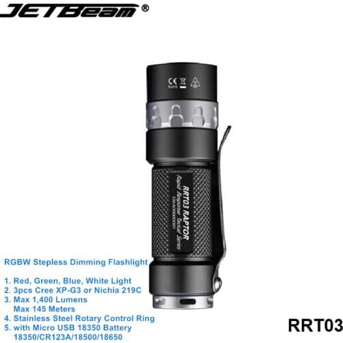 Jetbeam RRT03 RGBW Cree LED Tactical Stepless Dimming Flashlight Camping Powerful Hand EDC Torch with Rechargeable 18350 Battery