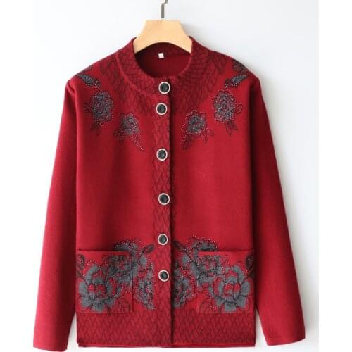 Middle-aged Women Sweater Cardigan Coat New Spring Autumn Jacket Printed Long-sleeved Knitted Sweater Outerwear Female Tops H301