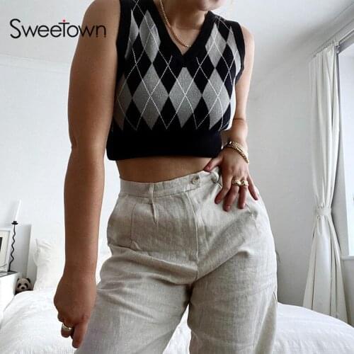 Sweetown Argyle Plaid Knitted Cropped Sweater Vest Female Preppy Style Cute Kawaii Jumpers Casual 90s Blue Pullover Knitwear