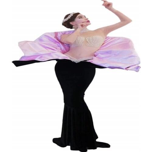 V82 Party theme shell Mermaid evening long dress pink black see-through dance costume catwalk wears mesh skirt cosplay outfit