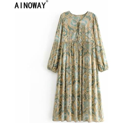 Vintage chic women peacock floral print lace-up beach Bohemian rayon Midi dress Ladies v-neck Boho dress vestidos