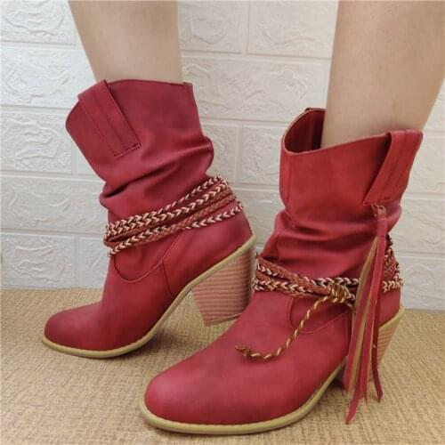 YMECHIC 2020 Fashion Thick Heels Rope Cross Strap Fringe Slip on Ankle Western Boots Female Shoes Red Brown Black Cowgirl Boots