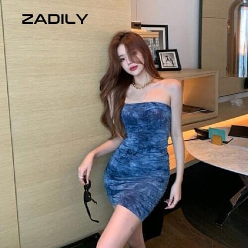 ZADILY Sexy Slim Sheath Women Mini Dress Tie dye Strapless Folds Club 2021 Summer Empire Chest Wrapping Party Ladies Dresse