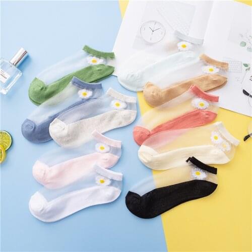 2 Pairs/Lot Women Socks for Summer Ultra-thin Transparent Cass Glass Fiber Silk Sock Fashion Daisy Flower Ankle Socks