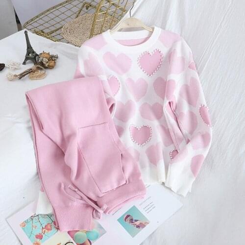 2020 Beaded Heart Shape Short-sleeved Sweater + Elastic Waist Pants Women Sweet 2pcs Suit Ladies Summer Autumn Clothing Set