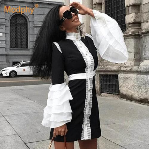 2020 Fall/Autumn Fashion New Women Dress Sexy Horn Long Sleeve Patchwork Bodycon Mini Dress Female Club Celebrity Party Vestidos