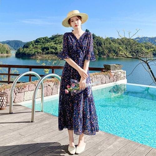 Women Floral Maxi Dress Summer 2021 Runway Elegant Vintage Boho Korean Retro Fairy Casual Beach Vacation Party Long Vestidos New