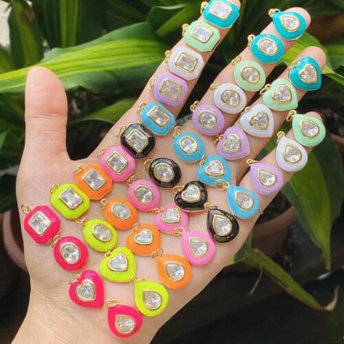 Gold Color Enamel Pendant, Colorful Crystal Zircon Charm For Jewelry Making Accessories