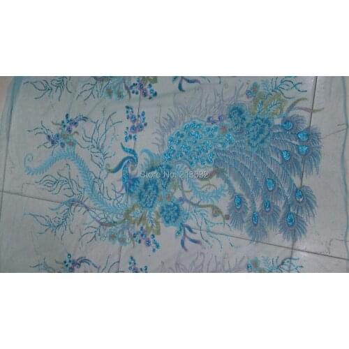 Free shipping pool light shallow blue embroidery hollow the stereo deress blouse flash sequin soluble lace flowers sequin fabric