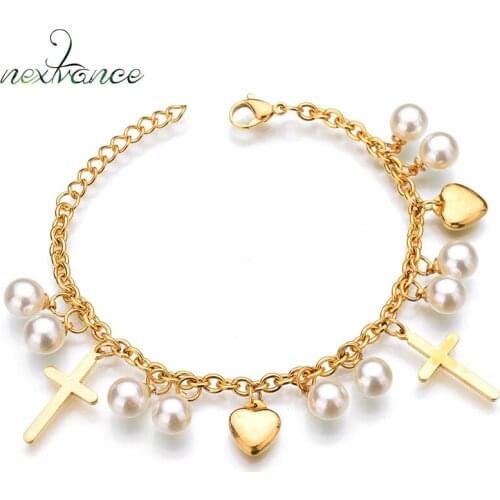 Nextvance Cross Imitation Pearl Bracelet Crucifix Heart Adjustable Length Bracelets for Valentines Gift Christian Jewelry