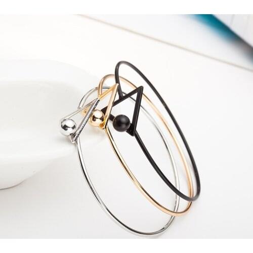 Hollow Triangle Head Small Ball Button Golden Silver Plated Black Metallic Bracelets & Bangles for Women Diameter Around 5.5 cm