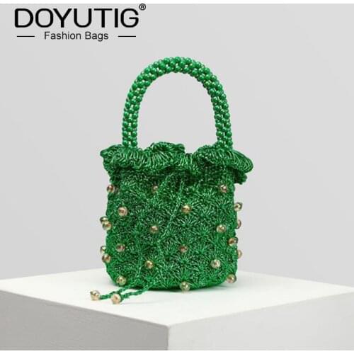 DOYUTIG New Fashion Womens Green Hand Knitting Bucket Bags For Party Classical Beaded Handbag Evening Bag Lady Wedding Bag A275