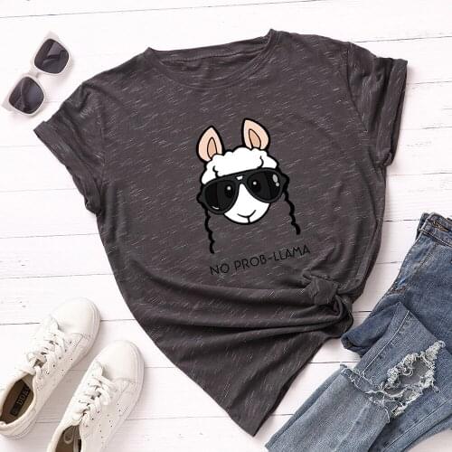 Plus Size Women Cotton Tshirt Cute Llama Print T Shirt Tops Graphic Tees Shirts O Neck Short Sleeve Female Clothes Streetwear