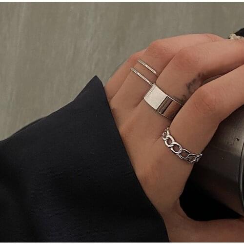 AOMU 3PCS/SET Korea Punk Vintage Metal Chain Open Rings for Women Gold Silver Color Adjustable Wide Ring Set Party Jewelry Gifts