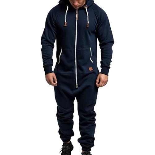 Onesie Men Jumpsuit Sleeping Clothes Zipped Up Men One Pieces Hooded Jum Psuit Solid Long Sleeve Winter Warm Adult Onesie