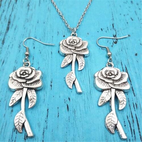 Rose Flower Vintage Earring Necklace Sets Jewelry Set Antique,Fashion Women Christmas Birthday Girl Gifts
