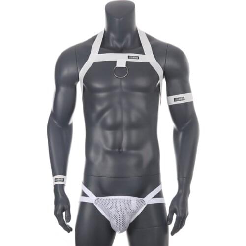 Hot Men Thong Set Jockstrap Black White Bondage Costume Lingerie Body Chest Harness Halter Neck Nightclub Hollow Out Clothing