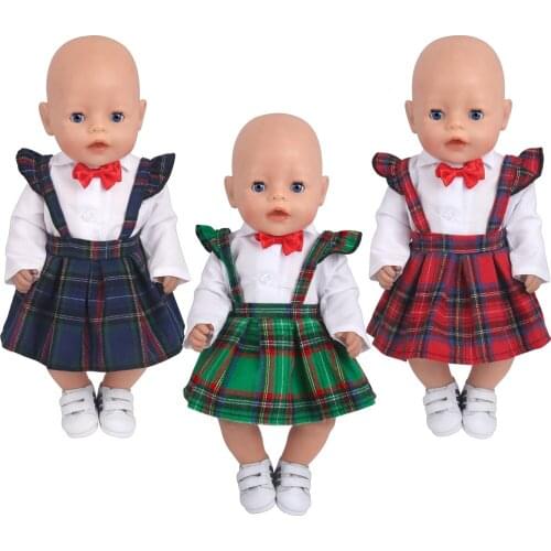 43 Cm Boy American Dolls Dress Bow Tie Suit Plaid School Uniform Skirt Born Baby Toys Accessories 18 Inch Girls Doll Gift f817