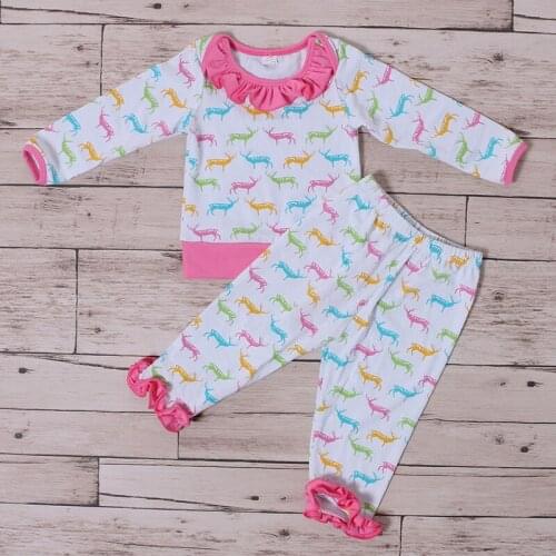 0-24M newborn girl boutique outfits clothing pink collar colorful deer longsleeve top cotton pants sets Christmas birthday