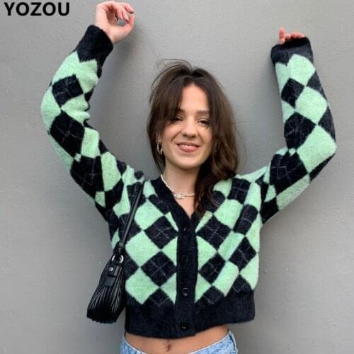 YOZOU Autumn Knitted Argyel V-neck Green Blue Black Single Breasted Buttons Cardigans Sweater for Female Women YL-445