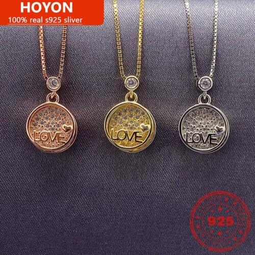 Real S925 Sterling Silver Round Love Necklace Pendant For Women Simple Fashion Clavicle Chain Fine Jewelry Valentines Day Gift