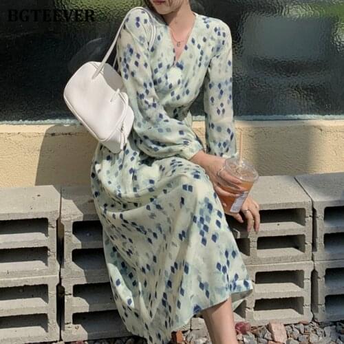 BGTEEVER Vintage V-neck Print Mid-length Women Dress Elegant Lantern Sleeve Slim Waist Ladies A-line Vestidos 2021 Summer