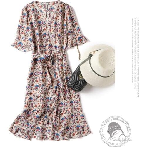 French Tea Break dress looks Thin And High V-neck Printed slim Mulberry Silk Skirt Summer Short Sleeve Medium Length one-piece