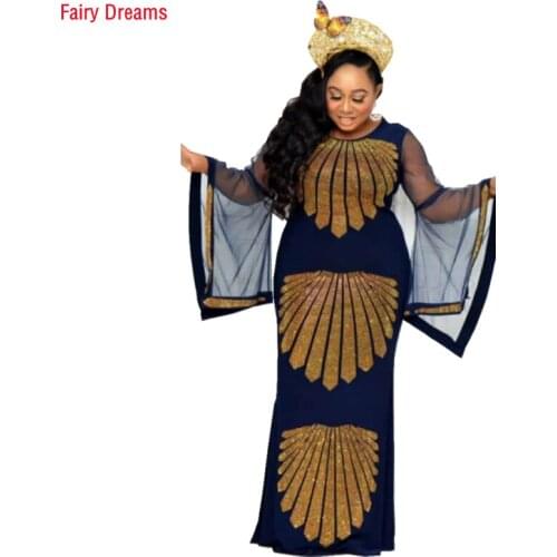 African Dress Elegant Fashion Mesh Trumpet Sleeve Rhinestone Fishtail Plus Size Elastic Long Skirt Womens Clothing Robe Vestir