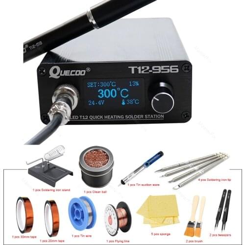 Quecoo T12-956 Soldering Digital Station Oled with Black M8 Metal handle and T12 Soldering Iron Tips Default Eu Plug