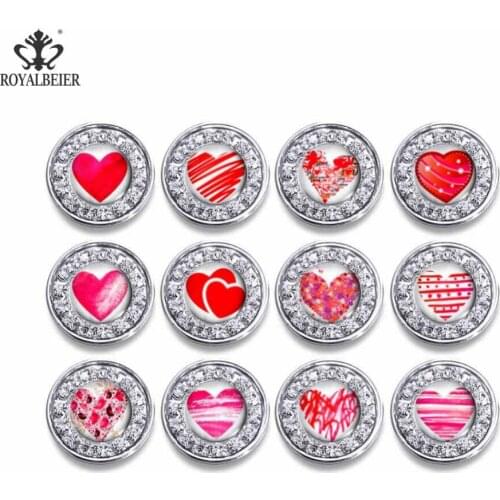 RoyalBeier 12pcs/lot New Arrival Red Love Heart Glass 18mm Rhinestone Snap Button Wedding Accessories For Snap Jewelry KZ1012