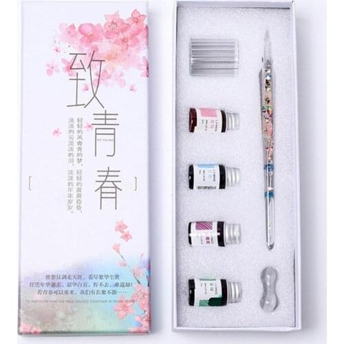 Signature Pen Dried Flower Design Strong Ink Absorption Lightweight Vintage Glass Dip Pen Set Writing Supplies Birthday Gift
