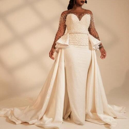 African Mermaid Plus Size Wedding Dresses Overskirts Sheer Neck 2019 Long Sleeve Pearls Garden Country Bridal Gowns Custom Made