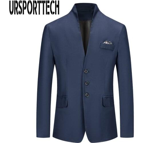 URSPORTTECH Mens Vintage Blazer Coats Chinese Style Business Dress Blazers Casual Stand Collar Jackets Male Slim Fit Suit Jacket